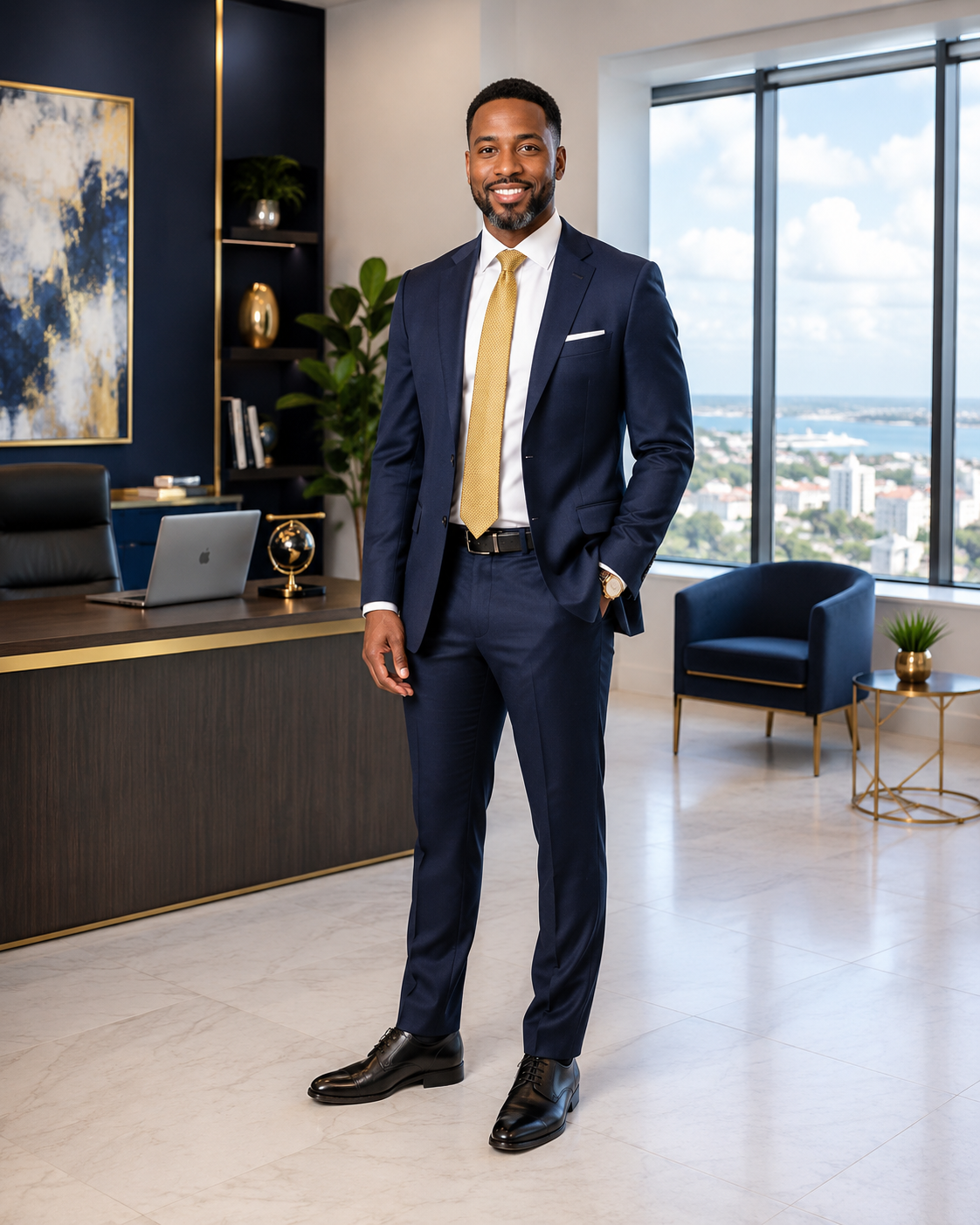 Afro-Trinidadian entrepreneur in professional business attire